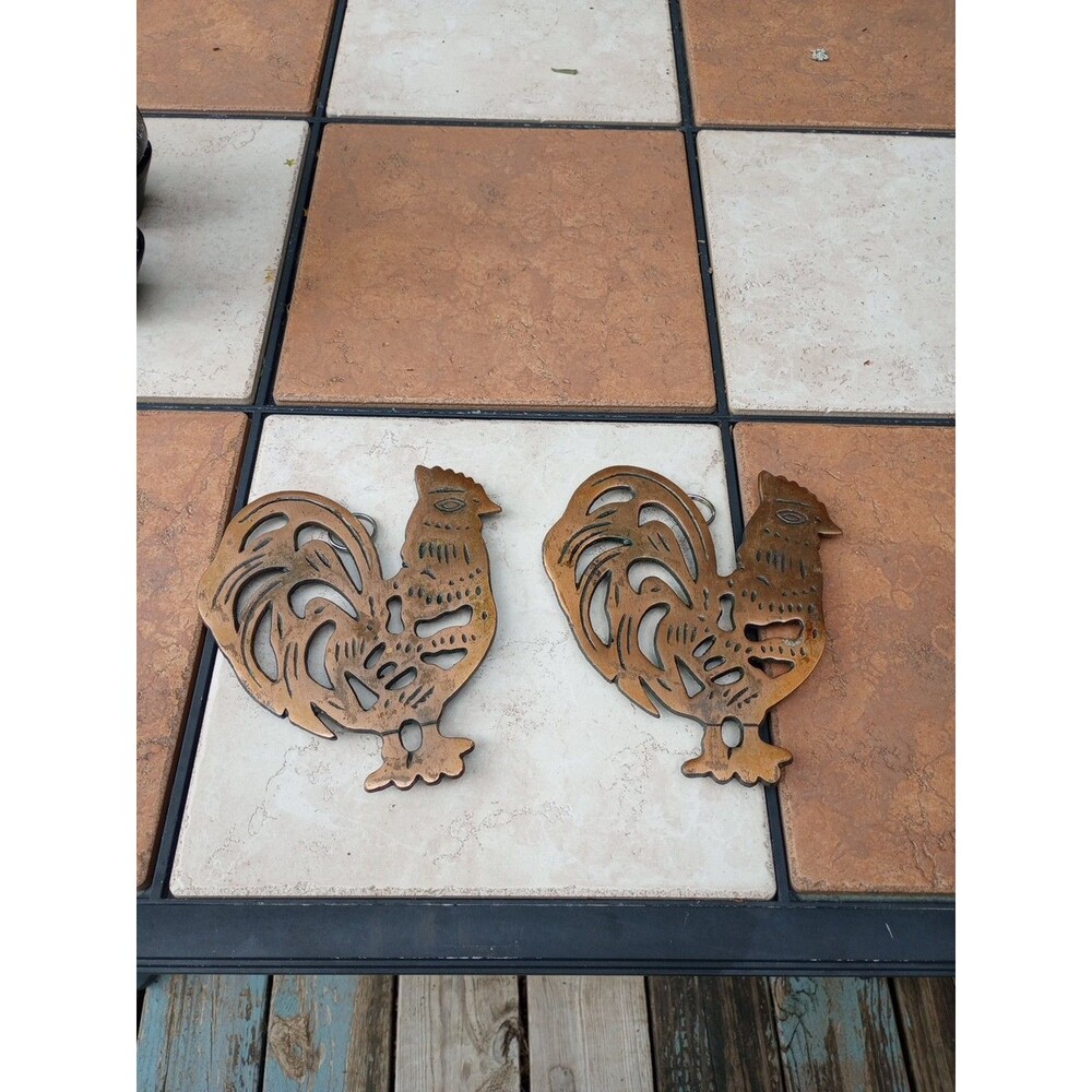 Cast Iron Copper Colored Rooster Vintage Kitchen Trivet Hotplate Set Of 2
